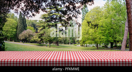 Tabella coperta con rosso tovaglia a scacchi sul parco verde di sfondo, copia dello spazio. 3d illustrazione Foto Stock