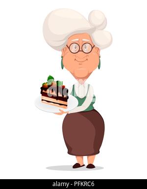 La nonna di indossare occhiali. Capelli argento nonna. Personaggio dei fumetti tenendo la piastra con una fetta di torta dolce. Illustrazione Vettoriale su bianco backgro Illustrazione Vettoriale