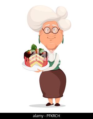 La nonna di indossare occhiali. Capelli argento nonna. Personaggio dei fumetti tenendo la piastra con una gustosa torta. Illustrazione Vettoriale su sfondo bianco. Illustrazione Vettoriale