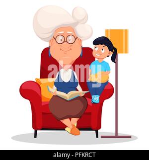 La nonna di indossare occhiali. Capelli argento nonna seduto in poltrona e la lettura di un libro di suo nipote. Personaggio dei fumetti. Vector illustrat Illustrazione Vettoriale