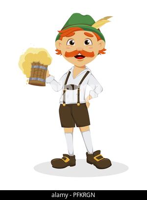 Oktoberfest, festa della birra. Funny redhead uomo, personaggio dei cartoni animati in possesso di una pinta di birra. Illustrazione Vettoriale su sfondo bianco Illustrazione Vettoriale