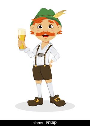 Oktoberfest, festa della birra. Funny redhead uomo, personaggio dei fumetti tenendo un bicchiere di birra. Illustrazione Vettoriale su sfondo bianco Illustrazione Vettoriale