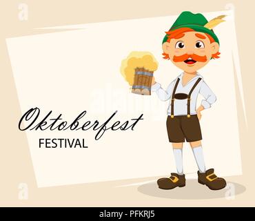 Oktoberfest, festa della birra. Funny redhead uomo, personaggio dei cartoni animati in possesso di una pinta di birra. Illustrazione Vettoriale su sfondo astratto Illustrazione Vettoriale