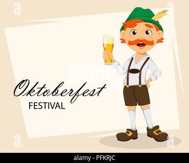 Oktoberfest, festa della birra. Funny redhead uomo, personaggio dei fumetti tenendo un bicchiere di birra. Illustrazione Vettoriale su sfondo astratto Illustrazione Vettoriale