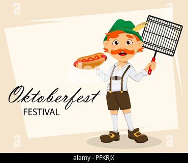 Oktoberfest, festa della birra. Funny redhead uomo, personaggio dei fumetti holding di hot dog e griglia. Illustrazione Vettoriale su sfondo astratto Illustrazione Vettoriale