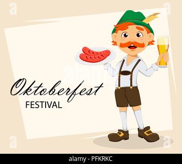 Oktoberfest, festa della birra. Funny redhead uomo, personaggio dei fumetti holding salsicce alla griglia e birra. Illustrazione Vettoriale su sfondo astratto Illustrazione Vettoriale