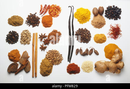 Le spezie intere, essiccato e macinato, compreso lo zenzero, noce moscata, pepe, zafferano, anice stellato, vaniglia Foto Stock