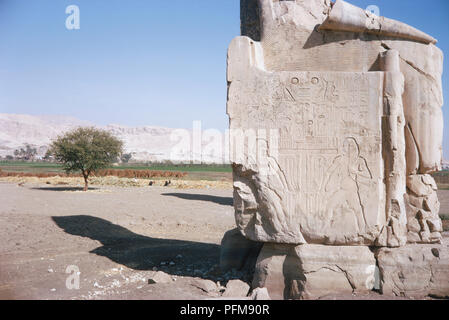 Egitto, Thebes-Luxor, dettaglio delle immagini scolpite e geroglifici su uno dei due Colossi di Memnon statue originariamente parte del tempio mortuario di Amenofi III (1417-1379 a.C.), danneggiate dalle inondazioni delle acque del Nilo e un terremoto. Foto Stock