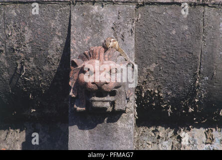 India, Nuova Delhi, lion-testa gargoyle sull'India Gate fontana. Foto Stock