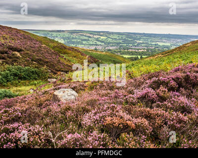 Vista su Wharfedale vicino posto sulla rupe di Burley Moor West Yorkshire Inghilterra Foto Stock