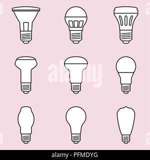 Icona della lampadina impostato su luce rosa sfondi. Vettore di Piana Illustrazione Vettoriale