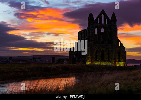 Abbazia di Whitby nel North Yorkshire durante la notte Foto Stock