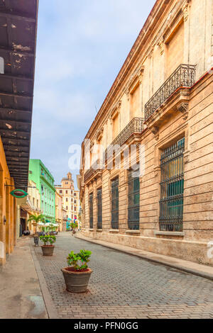 Strada stretta in una vecchia città con la pietra di edifici storici con decorazioni a stucco, strade acciottolate, vasi con fiori, un cielo blu con cl Foto Stock