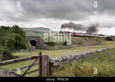 Yorkshire Dales National Park, Regno Unito. 21 Ago, 2018. Locomotiva a vapore "Galatea' cale "Fellsman' speciale, una escursione da Lancaster per Carlisle e ritorno, attraverso il famoso arrivino a Carlisle linea ferroviaria. Visto qui a Selside vicino a Horton in Ribblesdale, northbound sul viaggio di andata. Pen-y-Ghent picco in Yorkshire Dales National Park è visto in background. Credito: John Bentley/Alamy Live News Foto Stock