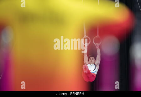 Jakarta. Il 22 agosto, 2018. Kim di Hansol Corea del Sud compete durante gli anelli di Ginnastica Artistica uomini squadra in finale alla Asian Games 2018 a Jakarta, Indonesia il 22 agosto, 2018. Credito: Maohua Fei/Xinhua/Alamy Live News Foto Stock