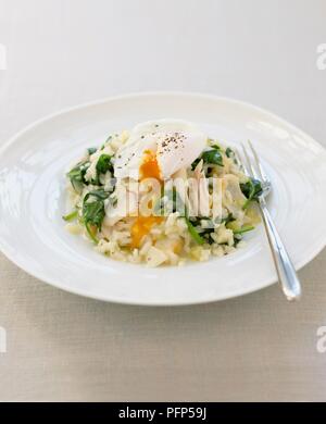 Eglefino risotto con spinaci e uovo in camicia su una piastra con una forcella Foto Stock