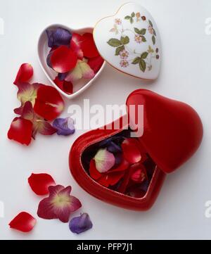 A forma di cuore ad gingillo scatole riempite con petali Foto Stock