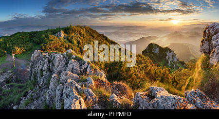 Foreste di montagna paesaggio al di sotto del cielo della sera con nuvole in presenza di luce solare. Foto Stock