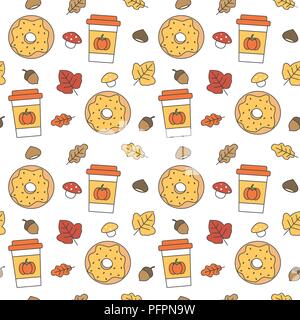 Carino incantevole autunno vettore seamless pattern illustrazione dello sfondo con ciambelle, bicchiere di carta, foglie e ghiande e castagne Illustrazione Vettoriale