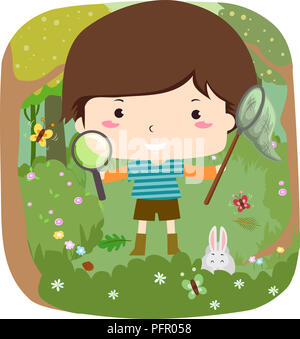 Illustrazione di un ragazzo di capretto tenendo un netto e di una lente di ingrandimento ad esplorare il bosco Foto Stock