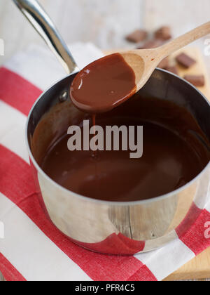 La produzione del cioccolato pot, dessert cioccolato fondente in padella Foto Stock