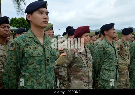 Stati Uniti I soldati assegnati al 3° Brigata Team di combattimento, XXV divisione di fanteria; la XXIX brigata di fanteria Team di combattimento, Hawaii esercito nazionale Guard 426th; gli affari civili battaglione, California Army National Guard e Singapore soldati assegnati al 6° Divisione, Esercito di Singapore e il decimo Singapore della brigata di fanteria ascoltare note conclusive durante la cerimonia di apertura di Tiger Balm 18 al 298reggimento, multifunzione unità di formazione (MFTU), regionale Training Institute (RTI), Waimanalo, Hawaii, il 26 maggio 2018. Tiger Balm è un bilaterale annuale di esercizio militare progettato per potenziare la professano Foto Stock