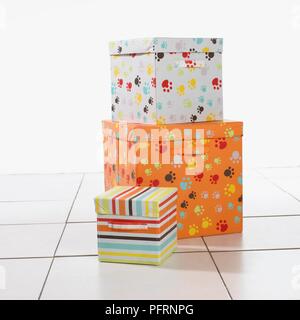 Con striping e paw pattern di stampa caselle sul pavimento piastrellato Foto Stock