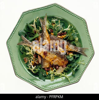 Pan Dolce le sardine fritte servite su insalata verde nella ciotola verde Foto Stock