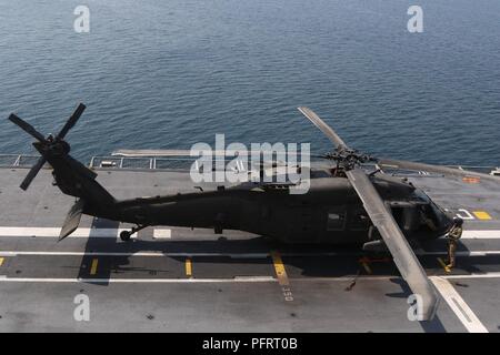 Golfo Arabico, Kuwait - UH-60 Black Hawk elicotteri assegnato al primo battaglione, 244Reggimento di aviazione (assalto), 449th combattere la Brigata Aerea terra a bordo della più grande nave da guerra spagnola mai costruito per la Spagna, LHD Juan Carlos I (L-61), nel Golfo Arabico, 24 maggio. La loro missione è stato quello di escort l'esercito spagnolo unità di aviazione, Task Force Toro, Cougar elicotteri a Camp Buehring, il Kuwait come una posizione preliminare prima di volare a Camp Taji, in Iraq a sostegno di funzionamento inerenti risolvere ove essi forniranno il carico e il trasporto del personale. Foto Stock