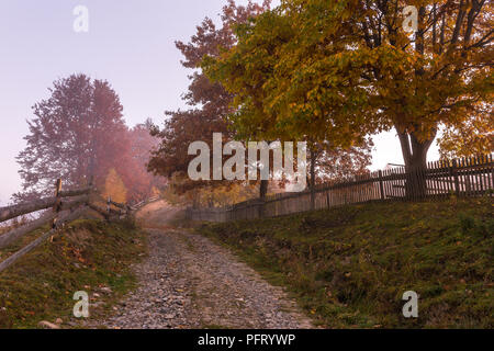 Colorato paesaggio autunnale nel villaggio di montagna. Mattinata nebbiosa nelle montagne dei Carpazi, Ucraina Foto Stock