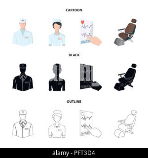 Il medico, l'infermiera, il cardiogram del cuore, la poltrona odontoiatrica. Medicineset icone di raccolta in cartoon,Black,outline vettore di stile Illustrazione Vettoriale