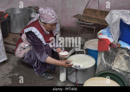 Yogurt venditore nel bazaar a Murghab sull'Autostrada del Pamir, Tagikistan Foto Stock