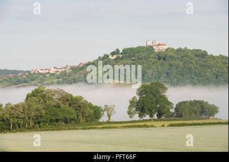 Francia, Vezelay, Basilique Sainte-Marie-Madeleine, chiesa sulla foresta lussureggiante collina sopra il fiume Foggy Dawn Foto Stock