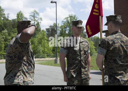 Stati Uniti Marine Gunnery Sgt. Courtney Donald, società Gunnery Sgt di informazioni militari supportano operazioni (MISO), saluta durante il passaggio di MISO Guidon da su Marine Corps base Quantico, Va, 23 maggio 2018. Questa formazione è stata tenuta a sostenere le informazioni militari supportano operazioni Comandante la modifica del comando passando da magg. Johnathon settimane a Maj.Christopher Hampton. Foto Stock