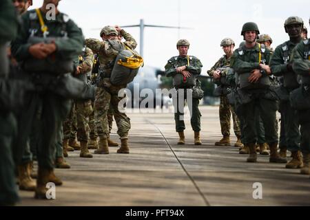 Stati Uniti Paracadutisti dell'esercito con 509a Reggimento di Fanteria, Fort Polk, Louisiana, a bordo di una C-17 Globemaster III dalla base comune Charleston, Carolina del Sud, 22 maggio 2018. Circa 15 C-17 Globemaster III aeromobile da base comune Charleston forniscono supporto airdrop per gli Stati Uniti Esercito 509a del Reggimento di Fanteria, Fort Polk, Louisiana, come parte integrante di una grande disponibilità di formazione esercizio, aria caduta di paracadutisti e apparecchiature critiche per simulare un giunto di immissione forzata del Global Response Force. Foto Stock