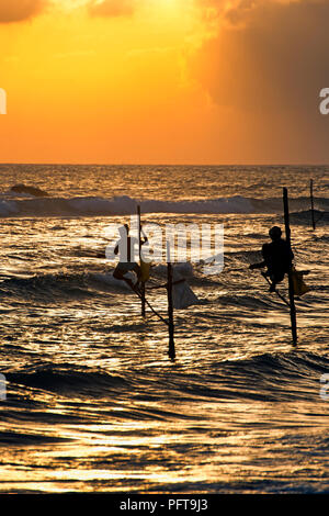 Sri Lanka, della Provincia Meridionale, Midigama, stilt pescatori a pesca di sunrise Foto Stock