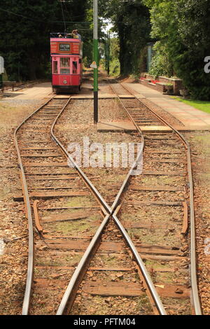 A scartamento ridotto electric Seaton tram a stazione Colyford, Devon Foto Stock