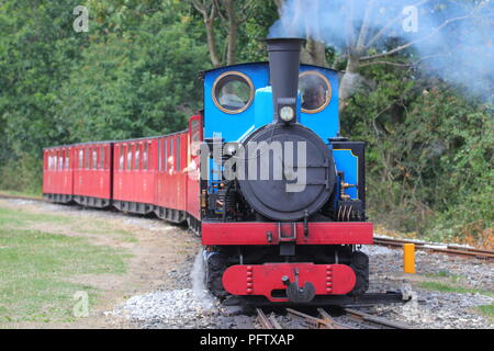 Blu di un treno a vapore su Kirklees Light Railway a Clayton West, nel West Yorkshire Foto Stock