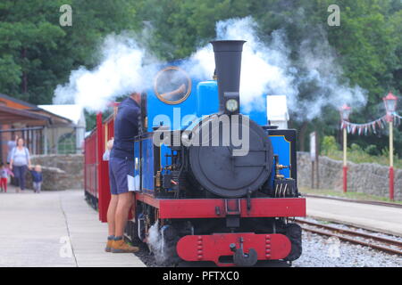 Blu di un treno a vapore su Kirklees Light Railway a Clayton West, nel West Yorkshire Foto Stock