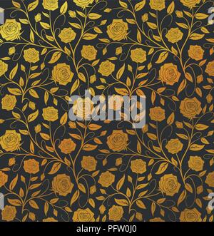 Vector Seamless floral pattern design disegnato a mano: Golden Rose con foglie di vintage su uno sfondo nero. Royal luxury Illustrazione Vettoriale