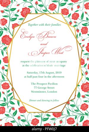 Invito a nozze, rose rosse floral invitare il design della scheda con arte geometriche linee di confine verde, il telaio. Stile rustico Illustrazione Vettoriale