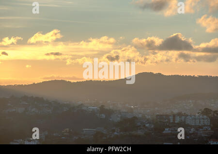 Giganti del cielo e delle nubi del paesaggio con la nebbia all'alba, gli orari di alba e tramonto. pineta nella nebbia con sunray, sunshine Foto Stock