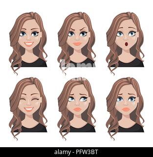 Faccia espressioni di agente immobiliare donna con capelli castani. Diverse emozioni femmina set. Bellissimo personaggio dei fumetti. Illustrazione di vettore isolato su bianco b Illustrazione Vettoriale