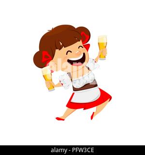 Oktoberfest, festa della birra. Funny donna, allegro personaggio dei fumetti tenendo due bicchieri di birra. Illustrazione Vettoriale su sfondo bianco. Illustrazione Vettoriale