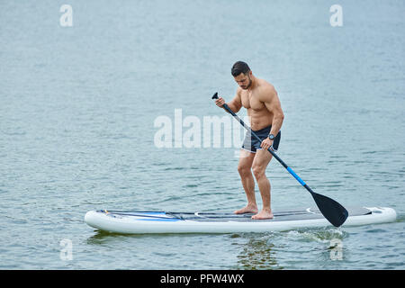 Sportivo muscolare nuotare nel lago cittadino permanente sulla sul sup board , mantenendo lungo remo. Modello maschile avente montare la figura, corpo sportivo, indossare pantaloncini nero. Il mantenimento di uno stile di vita sano. Foto Stock