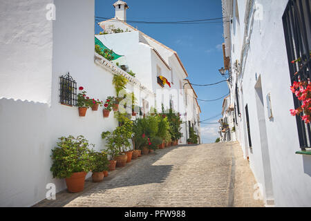 Camminando su di una tranquilla strada stretta di case bianche con vasi di fiori e di belle piante in Mijas Andalusia Spagna in una giornata di sole Foto Stock