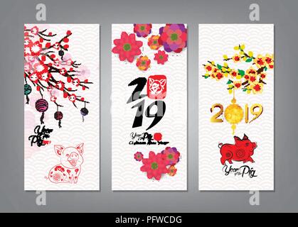 Verticale disegnata a mano banner impostato con il Capodanno cinese Illustrazione Vettoriale