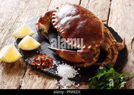 Selvatici freschi granchio marrone con ingredienti di close-up sul tavolo. orizzontale. in stile country Foto Stock