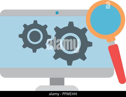 Monitor computer con gli ingranaggi e lente di ingrandimento Illustrazione Vettoriale