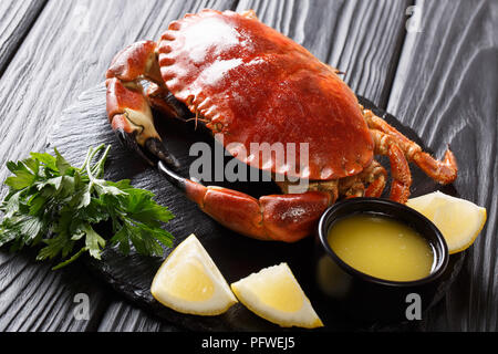 Menu di pesce: bollite delicatezza granchio marrone con salsa di limone e prezzemolo su una scheda di ardesia di close-up su tavoli in legno nero. orizzontale Foto Stock